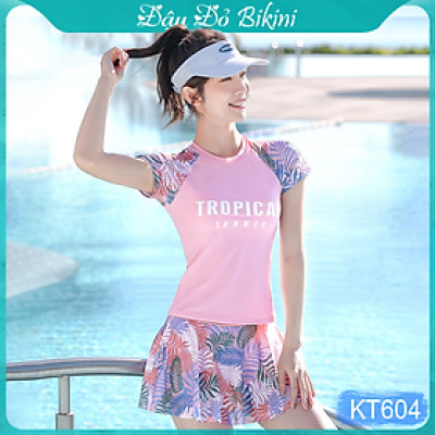 Bộ bơi nữ 2 mảnh dáng áo bơi thun tay ngắn & quần váy đùi nữ tính, phong cách trẻ trung, chất thun bơi lạnh đẹp, co giãn tốt, mịn mát, có size lớn | KT604