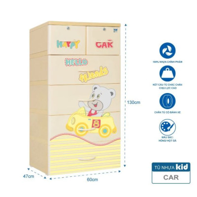 Tủ nhựa 5 tầng Qui Phúc KID màu xanh dương mẫu Car KT 600 x 470 x 1300 mm _ Juno Sofa hàng lắp sẵn