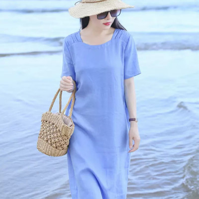 Đầm suông nữ - váy suông trơn cổ tròn dáng rộng ngắn tay, kèm đai eo rời, chất linen mát Haint Boutique Da209