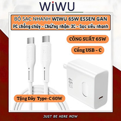 Bộ cóc củ dây sạc nhanh 65W USB C kèm dây Type C to Type C 60W PPS chống cháy hiệu WIWU GAN ESSEN Fast Charger cho iPhone 6 15 14 13 12 11 ProMax cho iPad Pro Air 10.2 9.7 10.5 11 12.9 13 inch S24 S25 cho Macbook cho Laptop Find Flip Fold - Hàng nhập khẩu