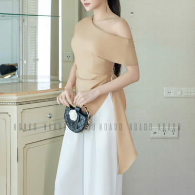 Set áo quần nude trắng lệch vai NGADO , set áo quần dài