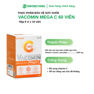 [Hộp 60 Viên] Vacomin Mega C 1000 - Tăng đề kháng, hấp thu sắt, bổ sung năng lượng - SHINPOONG PHARMA