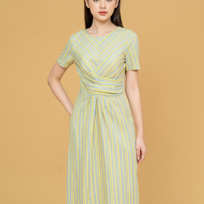 De Leah - Đầm Xoắn Eo Xẻ Trước - Kẻ vàng