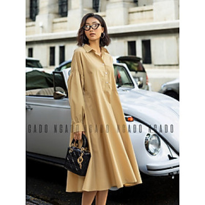 Đầm sơ mi nâu dài tay NGADO , đầm nữ , Đầm suông , Đầm phom rộng nữ thiết kế