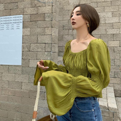 Áo kiểu nữ cổ vuông chất lụa mát màu xanh lá