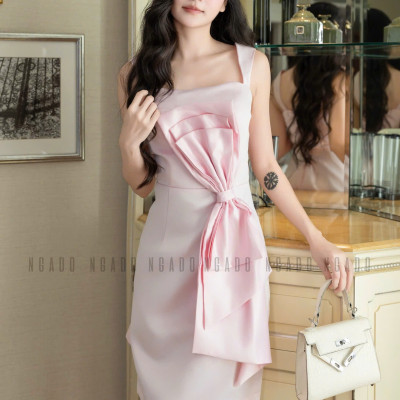 Đầm hồng nơ eo NGADO , đầm hồng dự tiệc , đầm công sở