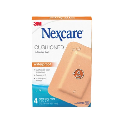 Hộp 4 miếng gạc khử trùng chống thấm nước màu da, có bông thấm hút dịch mủ, cỡ lớn 3M Nexacare Awp34, thương hiệu Mỹ