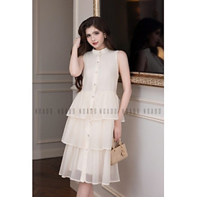 Đầm babydoll kem vàng cổ trụ NGADO , đầm babydoll , đầm Nữ