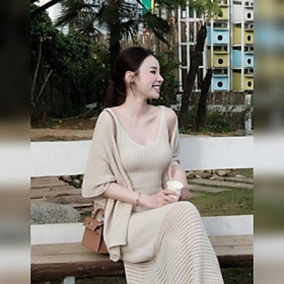 Set váy len lưới dài kèm khoác- Set váy len bầu sang chảnh