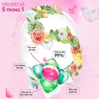 Viên giặt Quần áo arFUM 5 trong 1 MỚI thơm tinh dầu nước hoa, khử khuẩn 99% - 4 mùi hương (túi 45 viên)