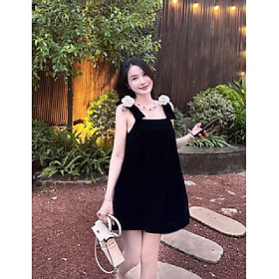 Váy nhung hai dây dáng suông S/M kèm hoa trà xinh xắn – Đầm tiệc, đi chơi nữ