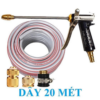 Bộ dây vòi xịt nước rửa xe, tưới cây . tăng áp 3 lần, loại 20m 206318 đầu đồng, cút đồng