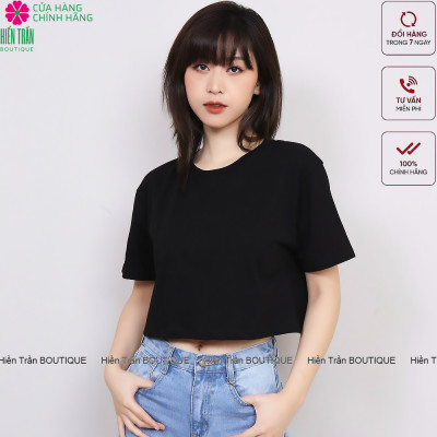 Áo croptop nữ Hiền Trần BOUTIQUE cổ tròn kiểu trơn vải cotton co giãn thoáng mát freesize ngắn tay thun đẹp