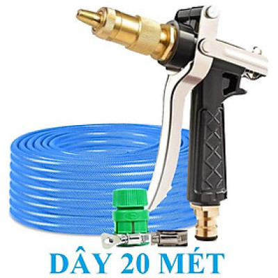 Bộ dây vòi xịt nước rửa xe, tưới cây . tăng áp 3 lần, loại 20m 206318 đầu đồng, đai, nối