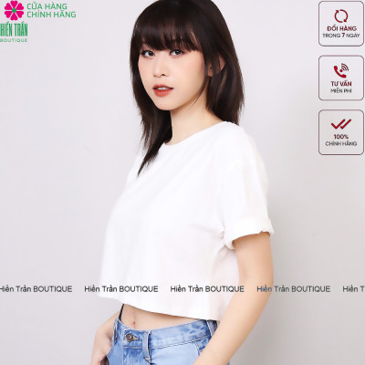Áo croptop nữ Hiền Trần BOUTIQUE cổ tròn kiểu trơn vải cotton co giãn thoáng mát freesize ngắn tay thun đẹp