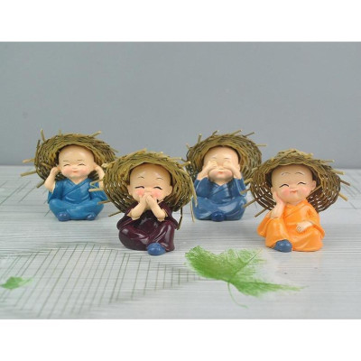 Bộ Tượng Bốn Chú Tiểu Đội Nón Rơm 4 Không Mini Decor Phòng Trang Trí Nhà