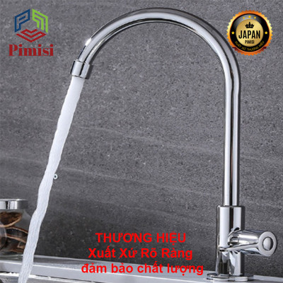 Vòi Rửa Chén Lạnh 1 Đường Nước INOX 304 Pimisi Cao Cấp Mạ Xi Cr/Ni Sáng Bóng Cổ Xoay Bi Cấp Nước Cho Chậu Rửa Bát 1-2-3 Hố Trong Nhà Bếp Gắn Chậu Âm - Dương Bàn Đá Quay 360 Tăng Áp Kiểu Đơn Cổ Ngỗng Cần Cứng - Thân - Để To | Hàng chính hãng