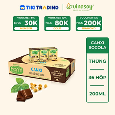 Thùng sữa đậu nành Vinasoy Fami Canxi Vị sô cô la hộp (200ml x 36 hộp)