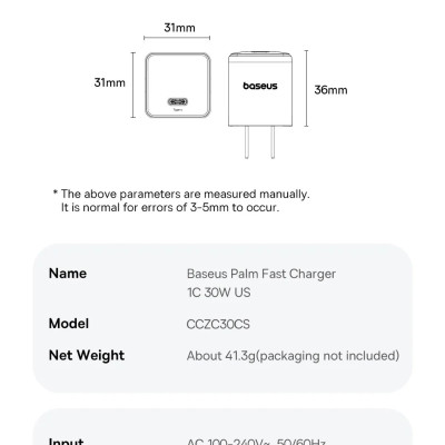 Bộ sạc nhanh nhỏ gọn Baseus Palm 1C 30W Kèm cáp C to C 60w dài 1M - Hàng chính hãng