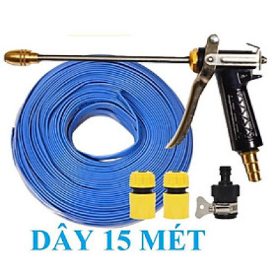 Bộ dây vòi xịt nước rửa xe, tưới cây . tăng áp 3 lần, loại 15m 206318 đầu đồng, cút, nối đen