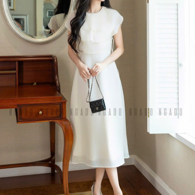 Đầm kem cổ xếp tầng NGADO , đầm xòe