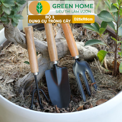 Dụng Cụ Làm Vườn Greenhome, D25cm, Cán Gỗ, Lưỡi Thép, Gồm Xẻng Xúc Đất, Cào, Chĩa, Trồng Cây, Làm Cỏ Dễ Dàng