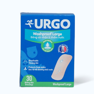 Băng cá nhân ít thấm nước URGO Washproof Large bảo vệ vết thương khỏi nước 3.8cm x 7.2cm (30 miếng)