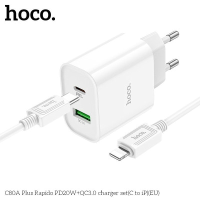 Bộ Sạc Nhanh Dành Cho Hoco. C80A Plus PD20W + QC3.0 Type-C To IP Dây Dài 1m Hàng Chính Hãng