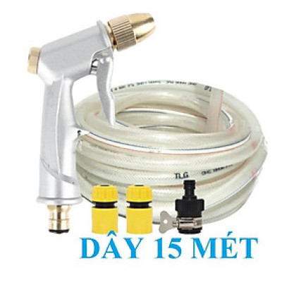 Bộ dây vòi xịt nước rửa xe, tưới cây . tăng áp 3 lần, loại 15m 206701 đầu đồng, cút,nối nhựa đen + tặng mở chai
