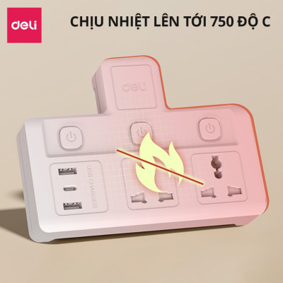 Ổ Cắm Chia Điện Deli, Ổ Cắm Điện Chữ T Công Suất 2500W Tích Hợp Cổng USB &TypeC Sạc Nhanh 20W
