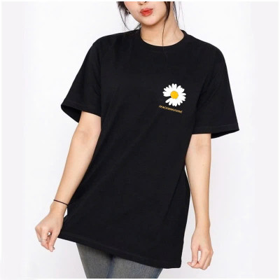 Áo Thun Nữ 100% Cotton Màu Đen In Hoa Cúc Trắng