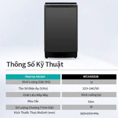 Máy Giặt Hisense 13kg WTJH1313UB Giặt thông minh AI tiết kiệm điện và nước, bảo hành 2 năm - HÀNG CHÍNH HÃNG