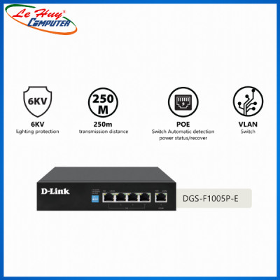 Bộ Chia Mạng Switch D-Link DGS-F1005P-E 5 Cổng 10/100/1000Mbps với 4 Cổng PoE và 1 Cổng Uplink - Hàng Chính Hãng