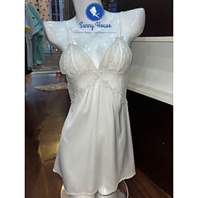 Váy Ngủ D661 Lụa Quảng Châu Phối Ren Lưới Đính Nơ Xinh Xắn