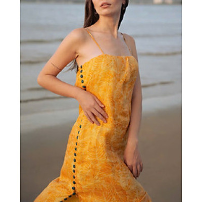 Đầm Hai Dây Suông, Đầm xẻ tà, Đầm Vàng Linen Kim Diệp thời trang thiết kế Hity