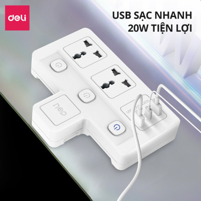 Ổ Cắm Chia Điện Deli, Ổ Cắm Điện Chữ T Công Suất 2500W Tích Hợp Cổng USB &TypeC Sạc Nhanh 20W