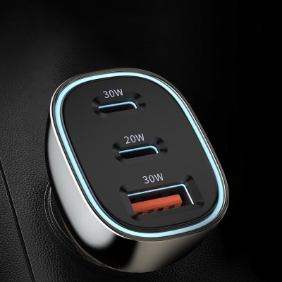 Bộ sạc xe hơi Wiwu 3 In 1 Car Charger Dual USB C + USB A PC700 cho điện thoại sạc nhanh, hỗ trợ sạc 3 cổng một lúc, thiết kế trong suốt - Hàng chính hãng