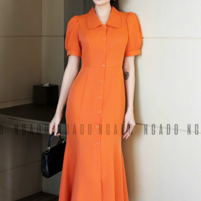 Đầm cam xẻ vạt NGADO , đầm dáng dài , đầm dự tiệc , công sở