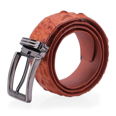 HC4849 - Dây nịt nam da cá sấu Huy Hoàng nguyên con 4P đầu kim màu vàng bò