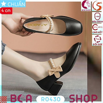 Giày cao gót nữ màu đen 4p RO430 ROSATA tại BCASHOP kiểu dáng công chúa với quai ngang đính ngọc tr.ai và nhấn nơ