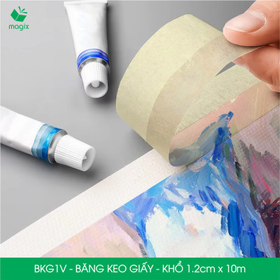BKG1V - Block 12 cuộn băng keo giấy khổ 1.2cm x 10m - Băng dính giấy viết được, chặn màu sơn
