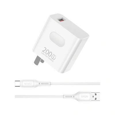 Bộ cóc củ dây sạc nhanh 200W USB A QC 3.0 kèm dây Type C PPS chống cháy hiệu WIWU GAN ESSEN Fast Charger cho iPhone 6 15 14 13 12 11 ProMax cho iPad Pro Air 10.2 9.7 10.5 11 12.9 13 inch S24 S25 cho Macbook cho Laptop Find Flip Fold - Hàng nhập khẩu