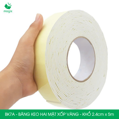 BK7A - 10 cuộn băng keo xốp 2 mặt siêu dính - Khổ 2.4cm x 5m - Băng dính xốp vàng, băng keo hai mặt
