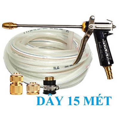 Bộ dây vòi xịt nước rửa xe, tưới cây . tăng áp 3 lần, loại 15m 206318 đầu đồng, cút đồng