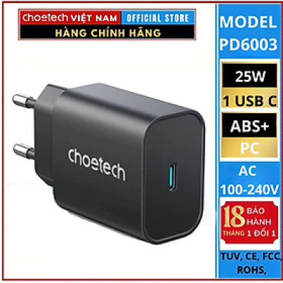 Củ sạc Choetech PD6003 nhanh Type C 25W (PD/ QC3.0 Quick charger, With Cable) - Hàng chính hãng
