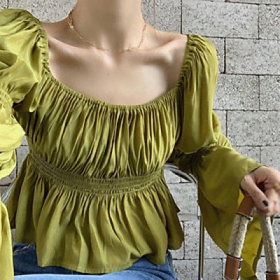 Áo kiểu nữ cổ vuông chất lụa mát màu xanh lá