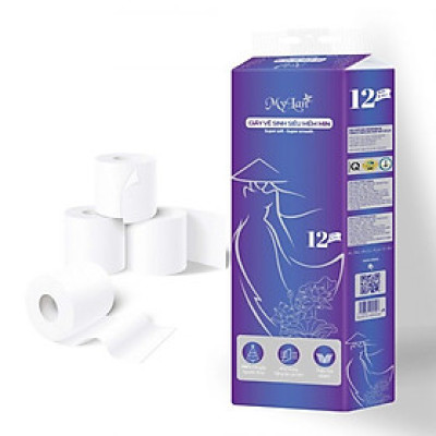 Giấy Vệ Sinh MyLan Từ Bột Giấy Nguyên Thủy 4 Lớp Siêu Mềm Mịn, Dai, Ít Tan Trong Nước 12 Cuộn/Xách
