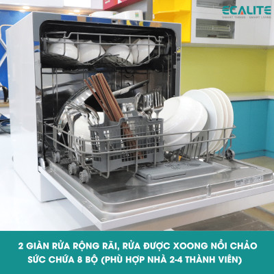 Máy Rửa Chén Ecalite EDW-SMS6080WH (Trắng) - 8 Bộ - 6 Chương Trình Rửa - Hàng Chính Hãng