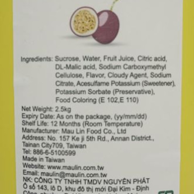 Siro Chanh Dây/Chanh Leo MauLin (MauLin Passion Syrup) Chai 2.5Kg - Nguyên liêu pha chế trà sữa hương thơm hảo hạng 