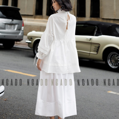 Áo babydoll trắng NGADO , Áo kiểu nữ , Áo tay phồng cột nơ